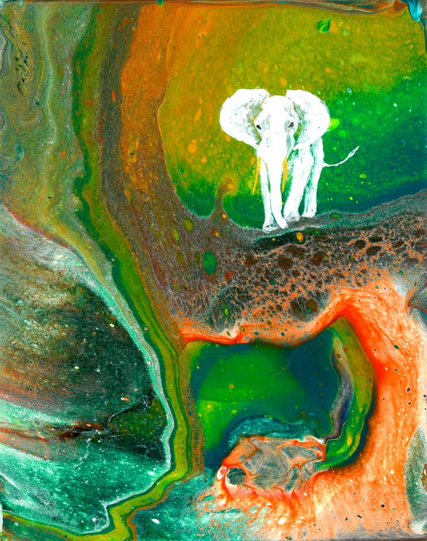 Weißer Elefant auf grün-orangem Pouring